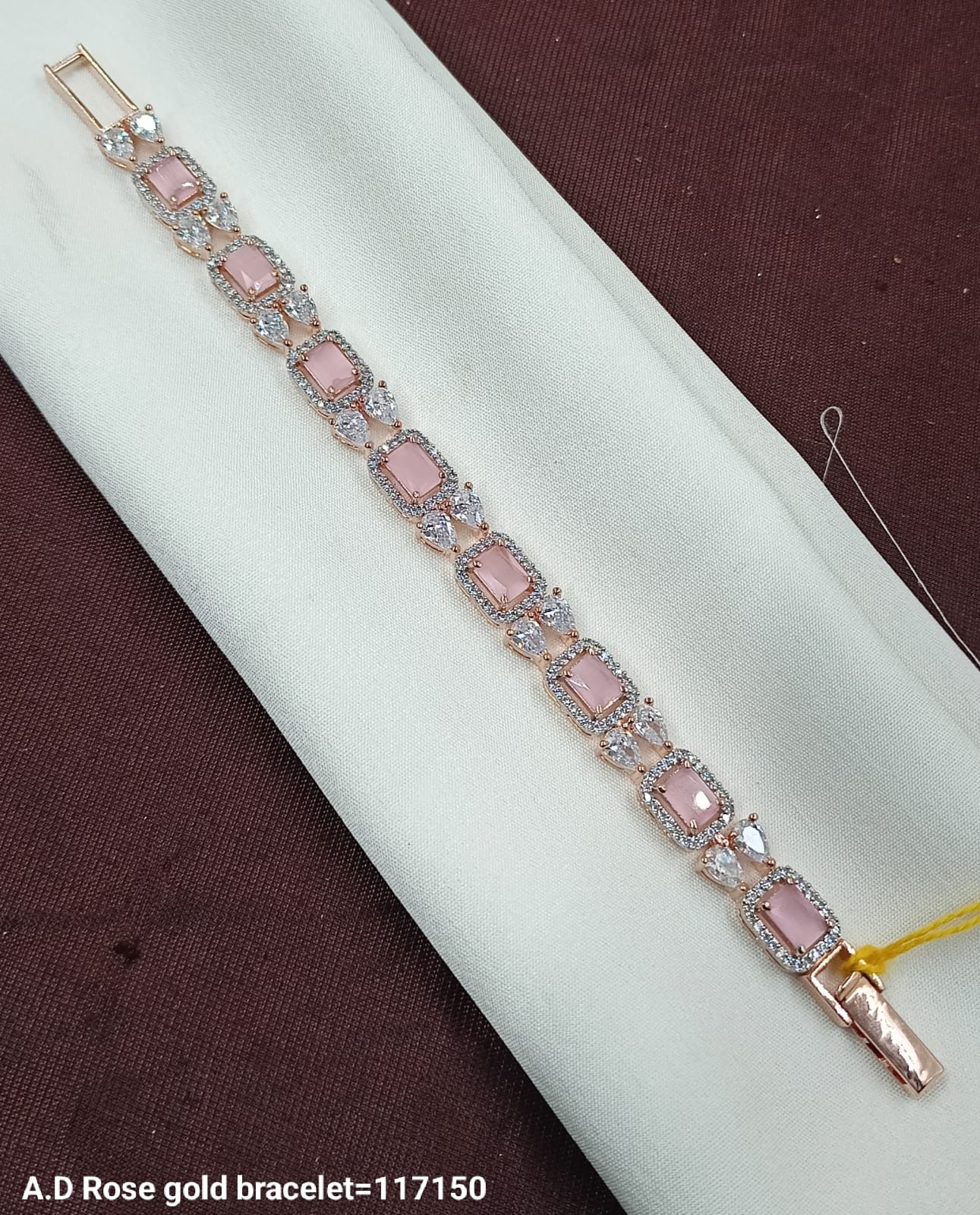 Rose Gold AD Bracelet with Pink Emerald-Cut Stones – Delicate & Stylish